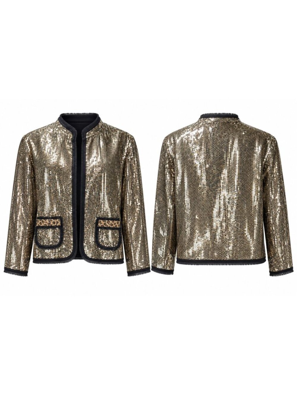 CHICO'S Women's Jacket Gold Sequined Leopard Accents Polyester Open Front Size 2